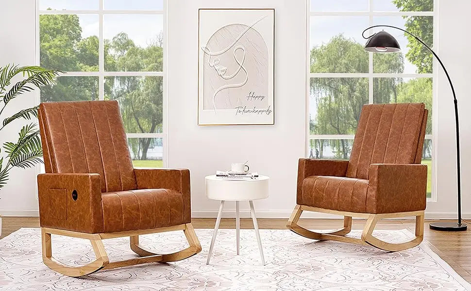 Rocking Chair Nursery Leather Upholstered Glider Modern Armchair USB Port