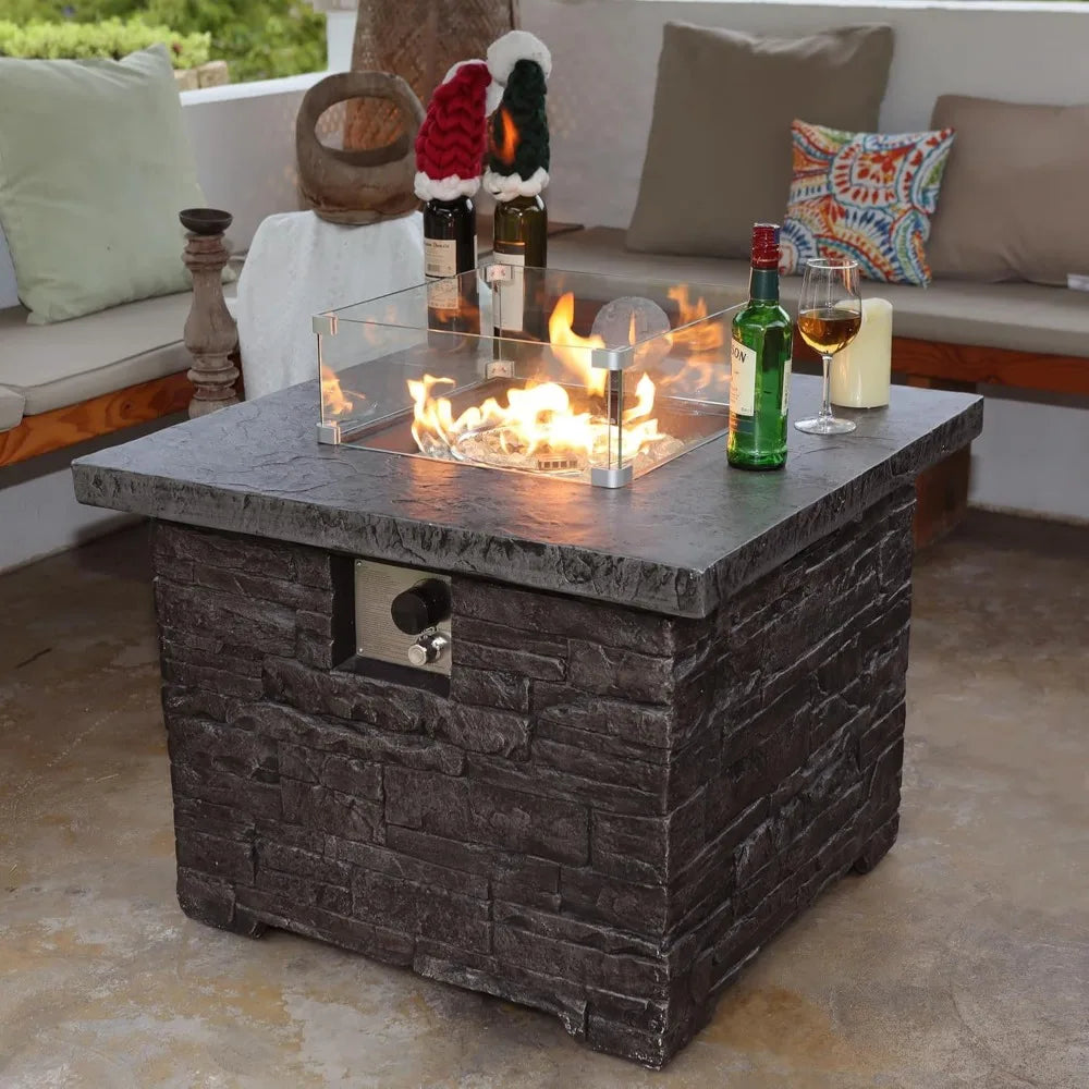 32 Inch Square Outdoor Propane Fire Pit Table with Glass Wind Guard