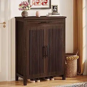 Shoe Cabinet 5-Tier Storage Organizer Louvered Doors Freestanding Rack