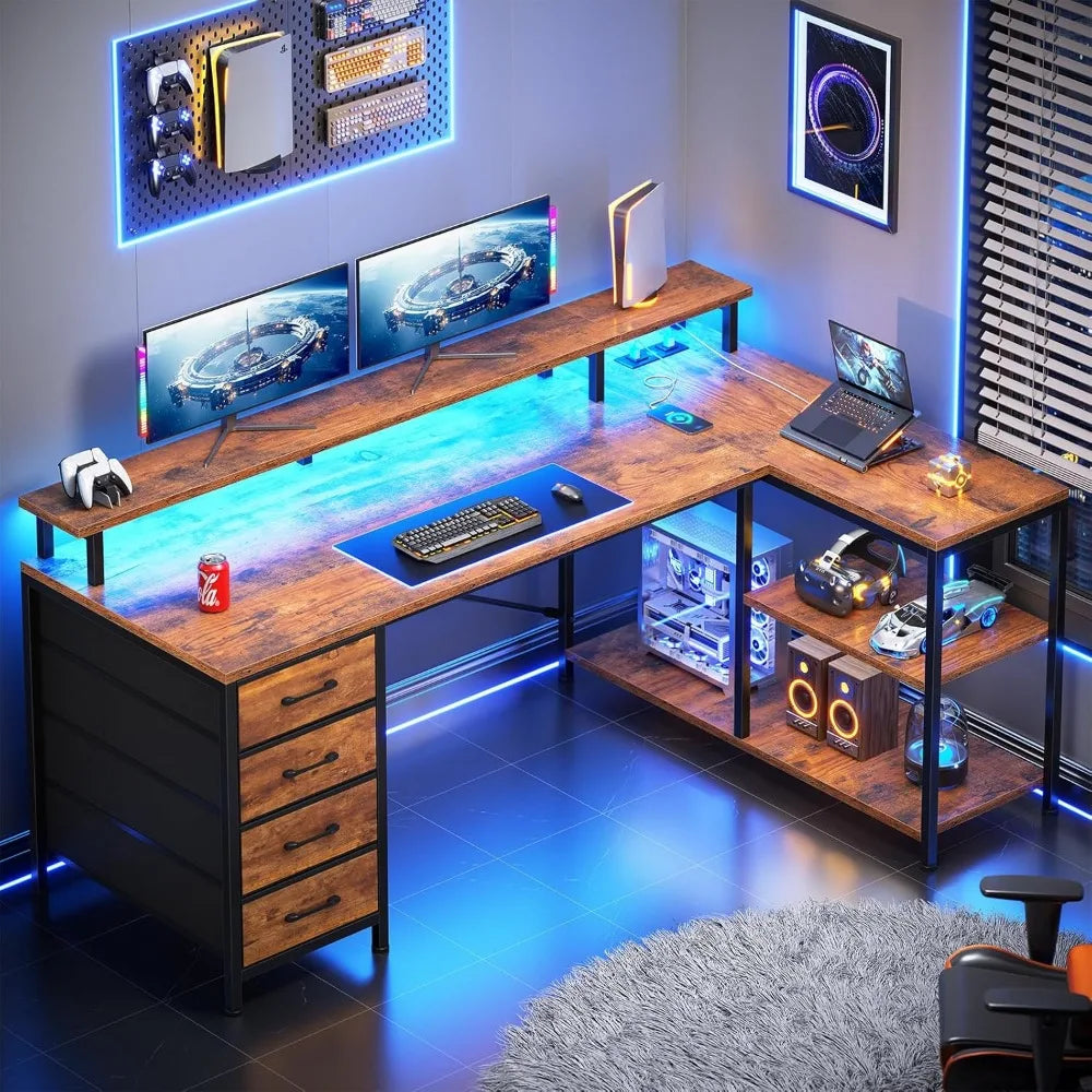 L Shaped Desk with LED Lights Power Outlets and 4 Drawers for Gaming