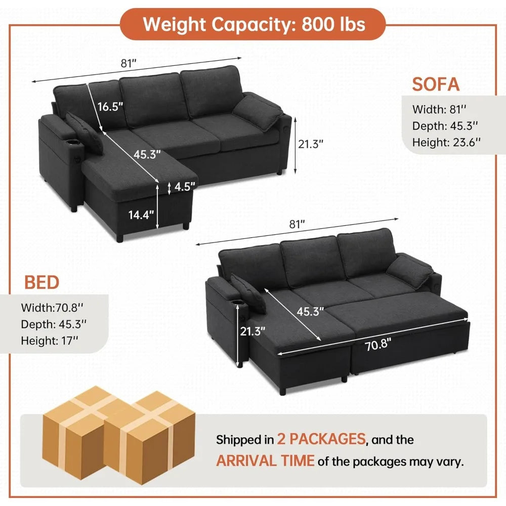 Ljustra Sofa Bed Sleeper Couch with Chaise Storage USB Cup Holder