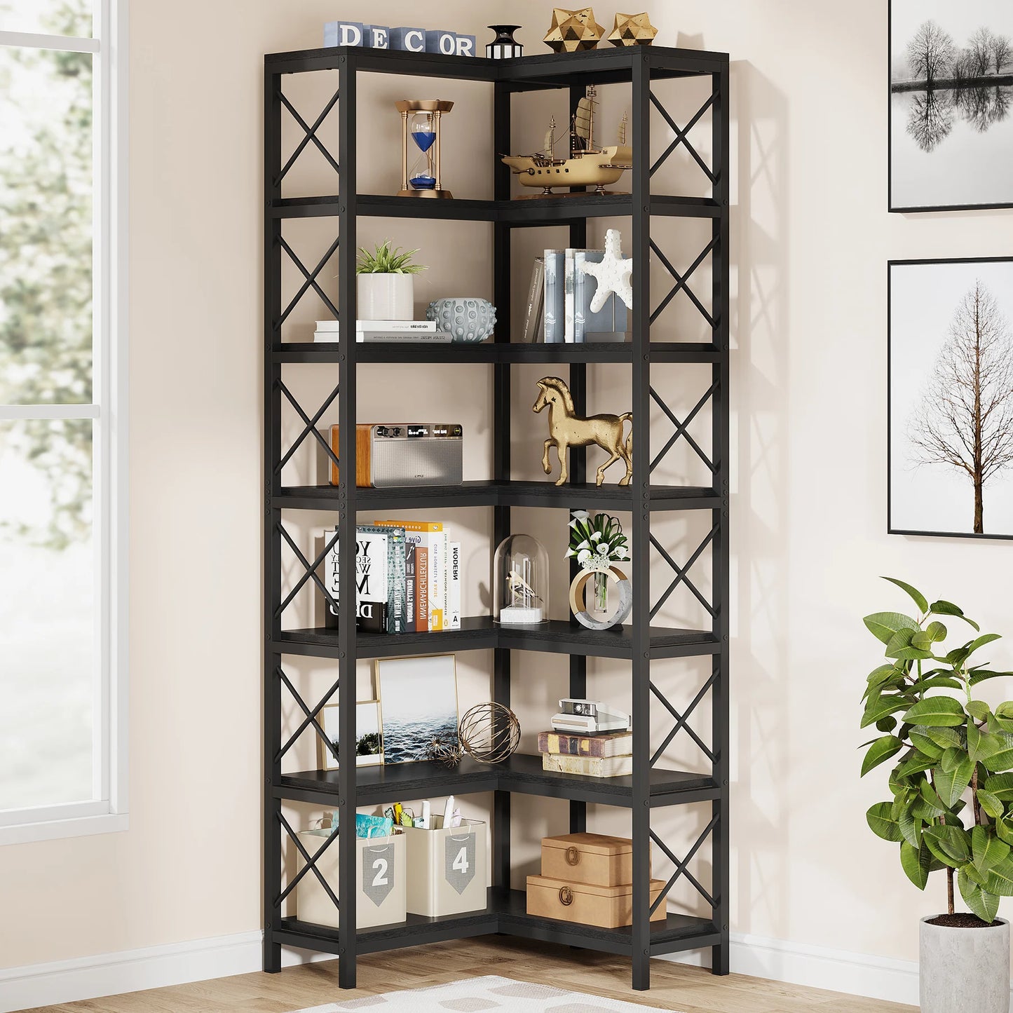 Ljustra 7-Shelf Corner Bookshelf Modern Corner Bookcase Storage Rack