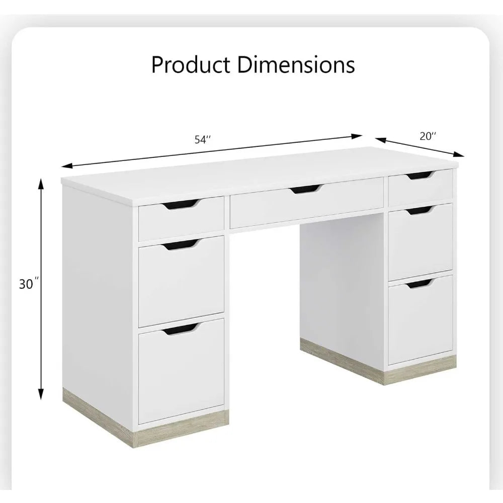 54 Inch White Desk with 7 Storage Drawers Home Office Computer Desk