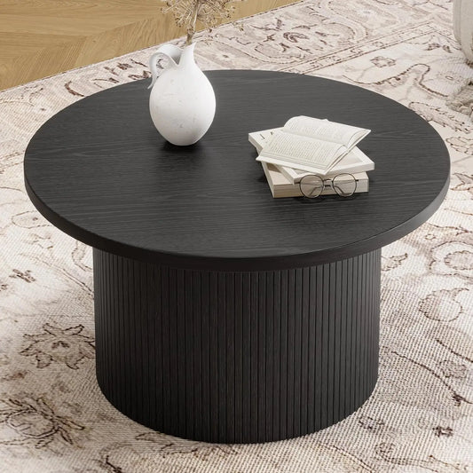 31.5 Inch Round Coffee Table Mid Century Modern Tambour Design Accent Table