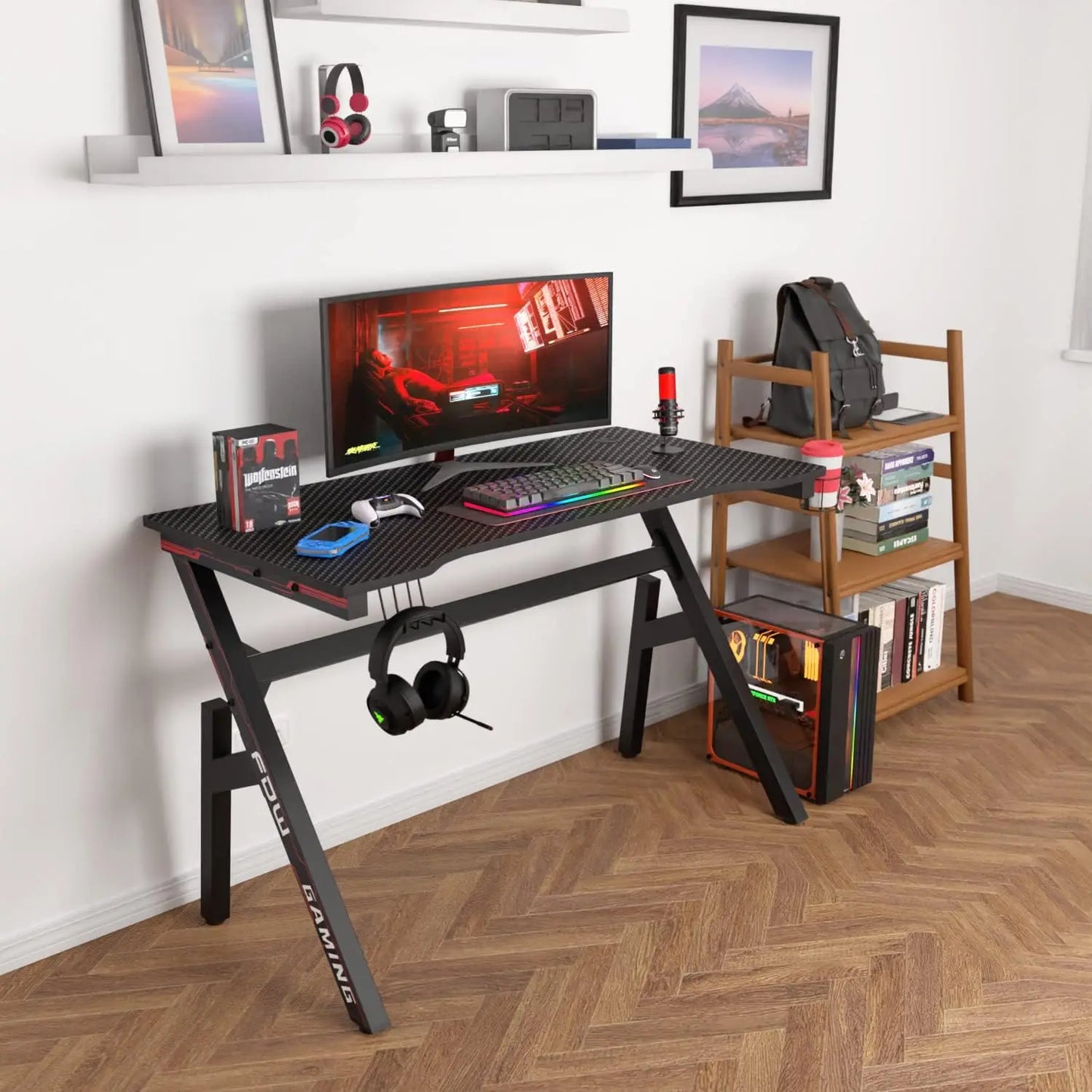 Gaming Desk Computer Desk 47 Inch Ergonomic Black PC Table Workstation