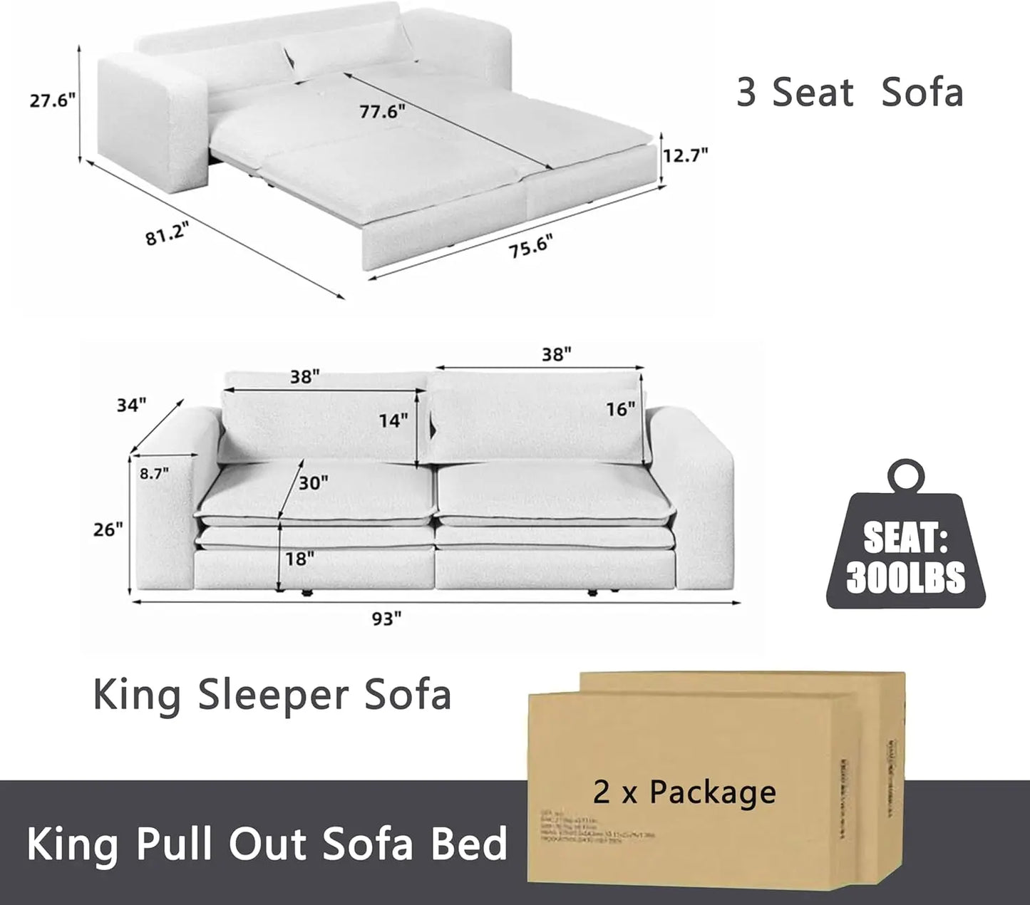Ljustra 93 Inch King Pull Out Sofa Bed 3 in 1 Sleeper Couch