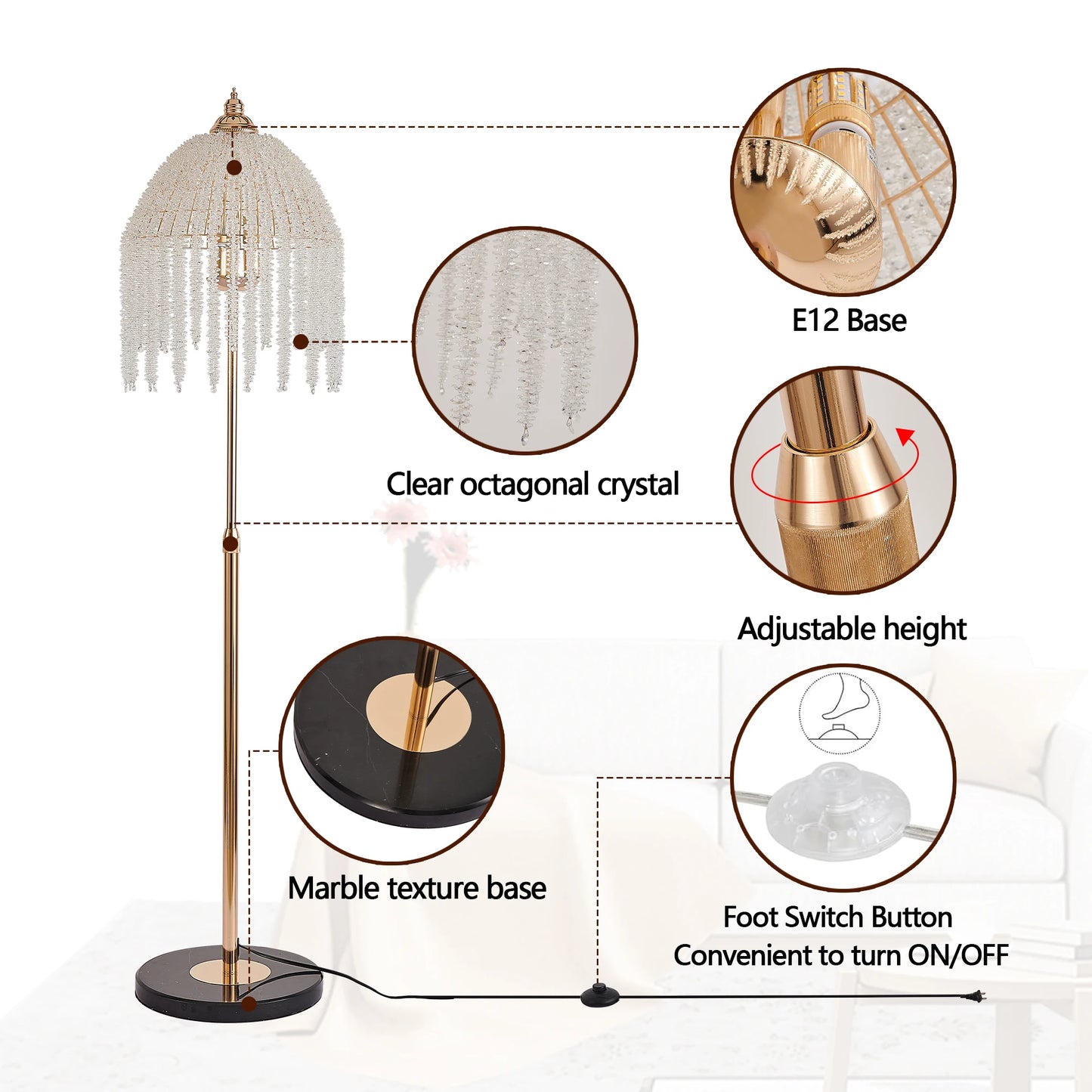 Elegant Crystal Floor Lamp Vintage Waterfall Design Marble Base