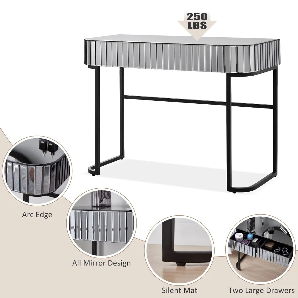 33.9" Mirrored Makeup Vanity Desk with LED Mirror and Storage Drawers