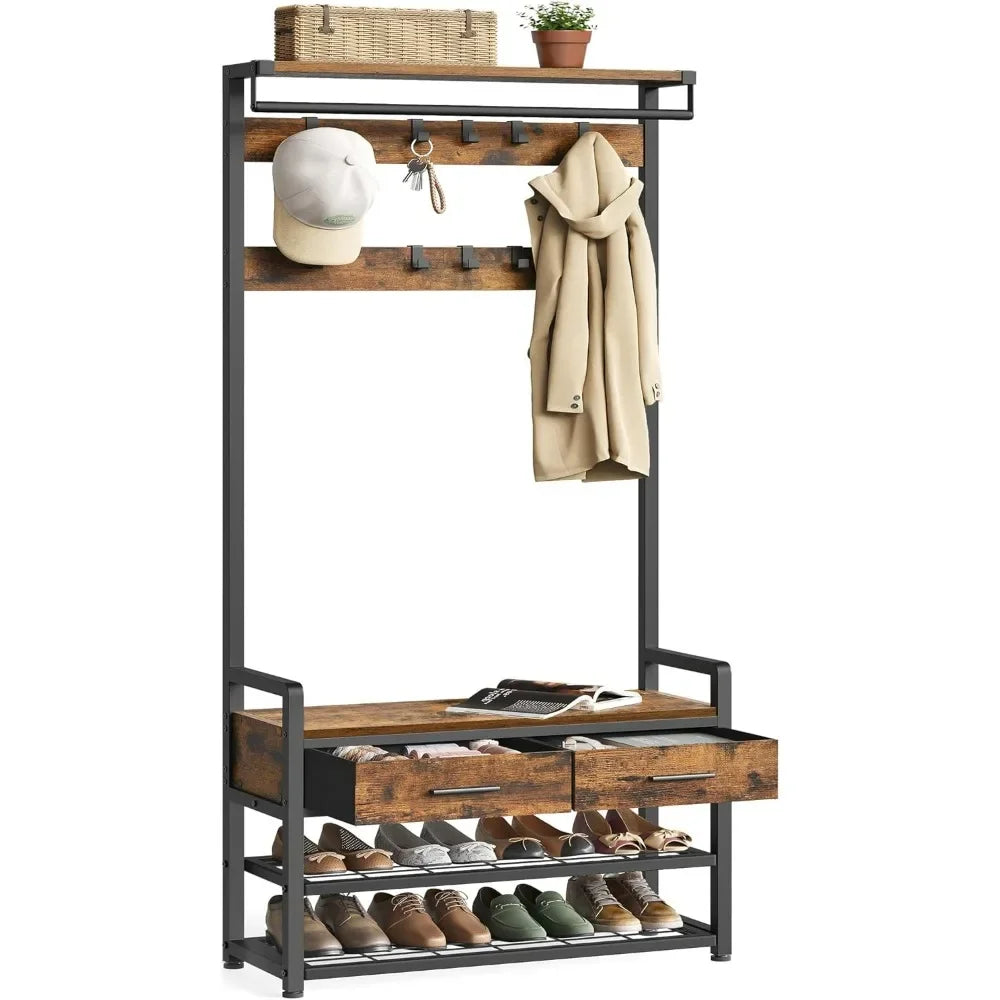 Entryway Coat Rack Shoe Bench with Fabric Drawers and Hooks