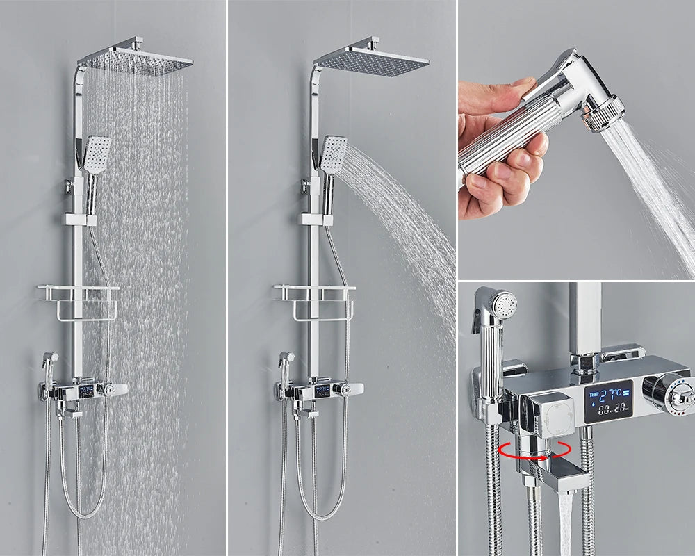 Black Digital Display Thermostatic Shower Faucet Rainfall Mixer Tap