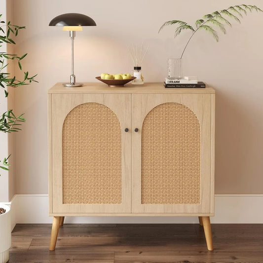 Storage Cabinet Rattan Doors Oak Buffet Sideboard Adjustable Shelf