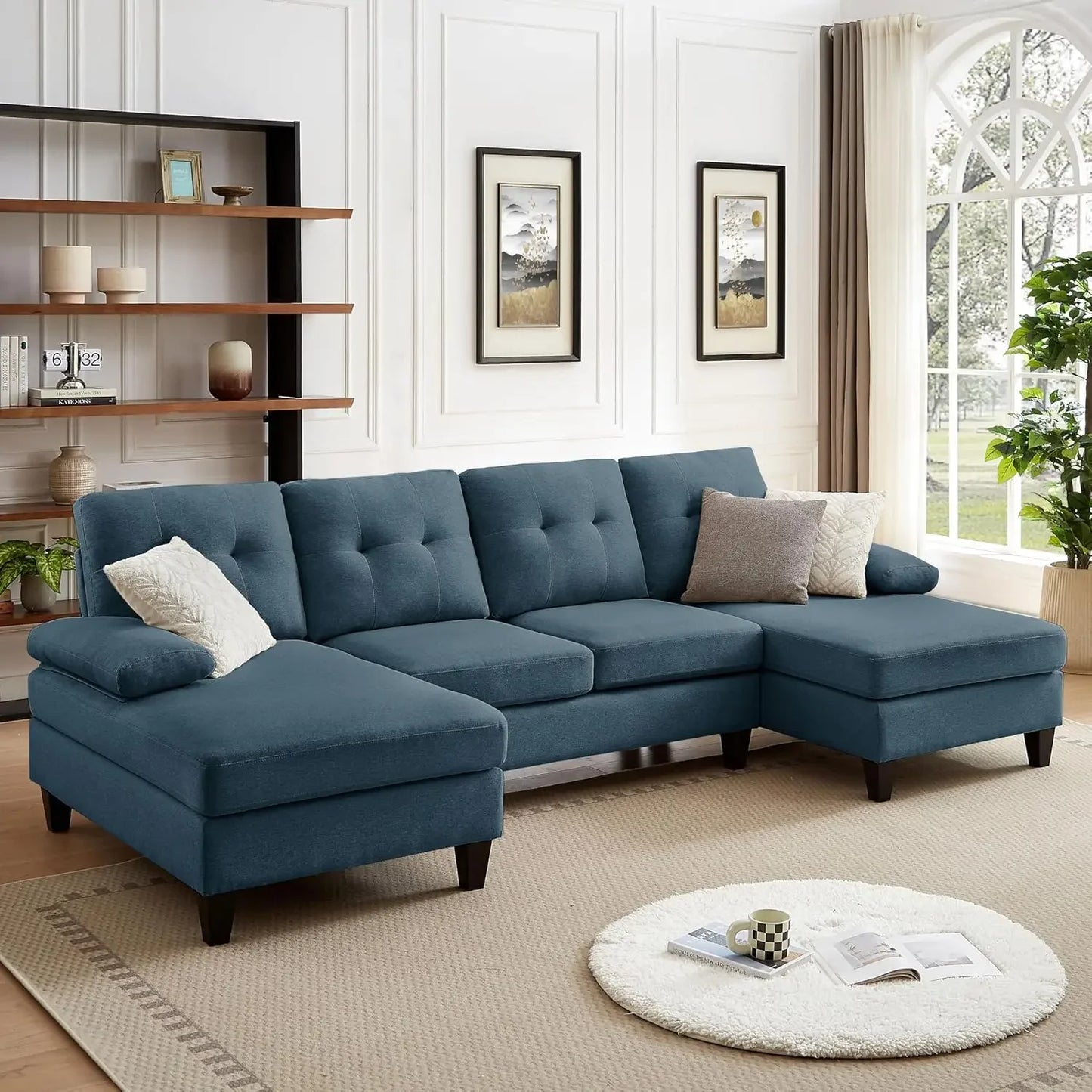 Modern U-Shaped Sectional Couch Polyester 4-Seater Double Chaise