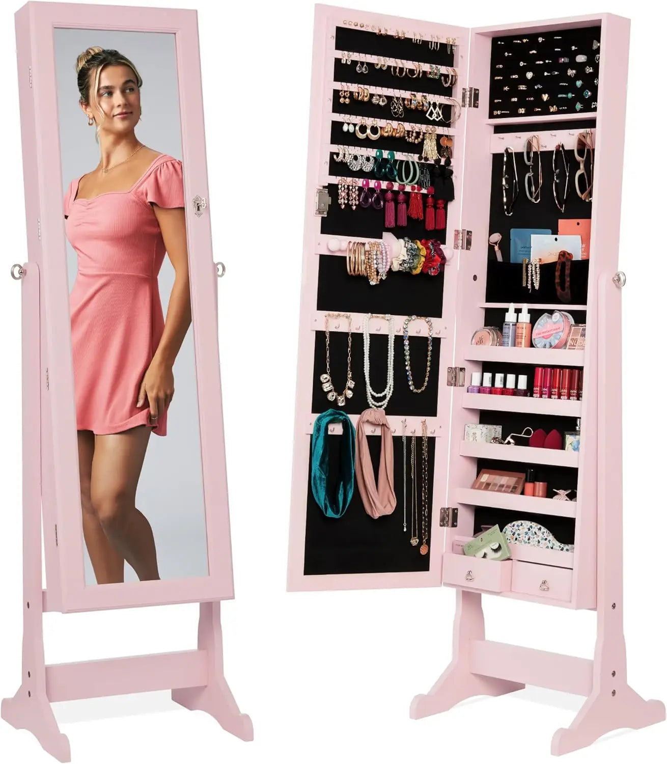 Freestanding Jewelry Armoire Cabinet Full Length Mirror Makeup Organizer