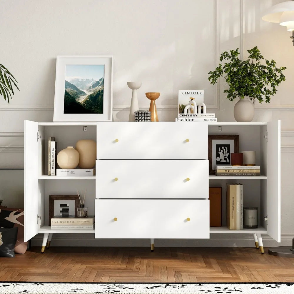 63 Inch White Sideboard Buffet Storage Cabinet Modern Wooden Credenza