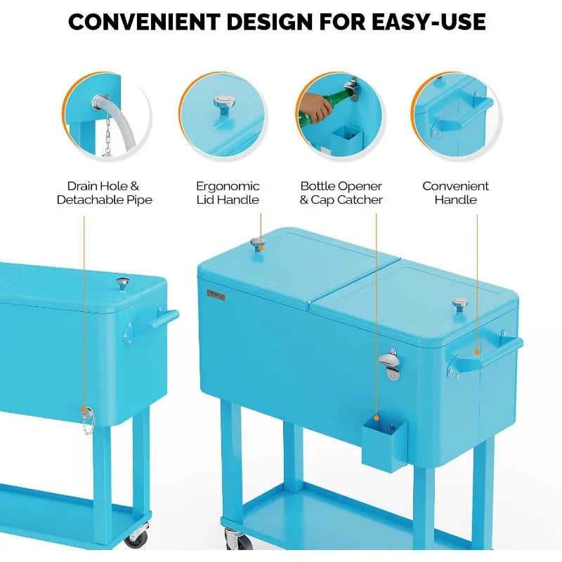 Ljustra 80 Quart Rolling Ice Chest Portable Cooler Cart with Shelf