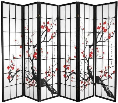 BlossomView Japanese Room Divider 6 Panel Plum Motifs Modern Privacy Screen