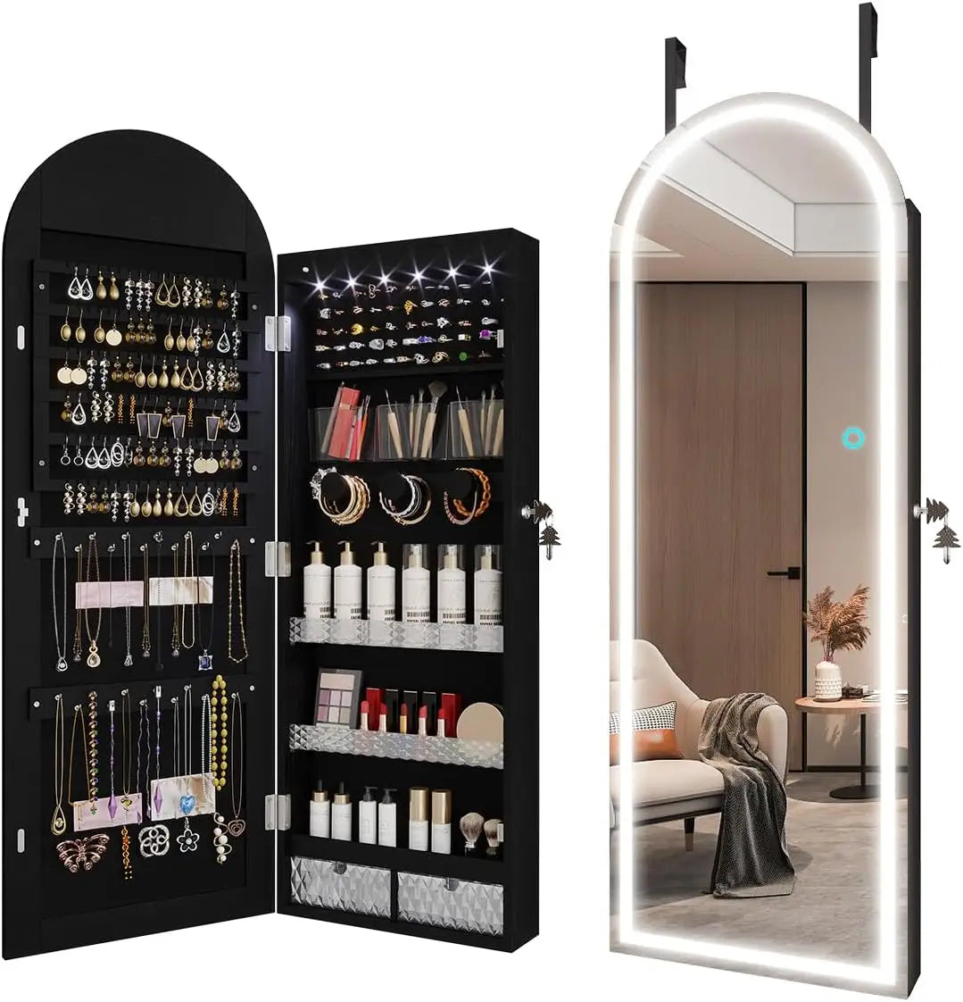 Arched Lighted Mirror Jewelry Cabinet Wall Door Mount Organizer