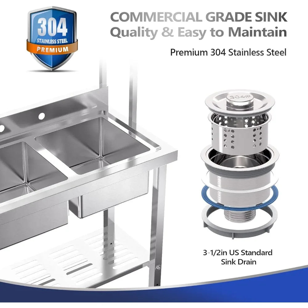 67 Inch Commercial Sink Double Basin Stainless Steel with Shelves