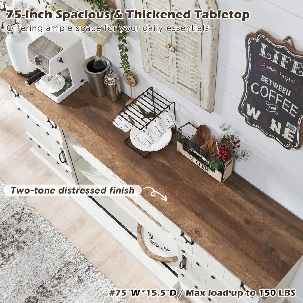 75 Inch Farmhouse Sideboard Buffet Cabinet with Sliding Barn Door