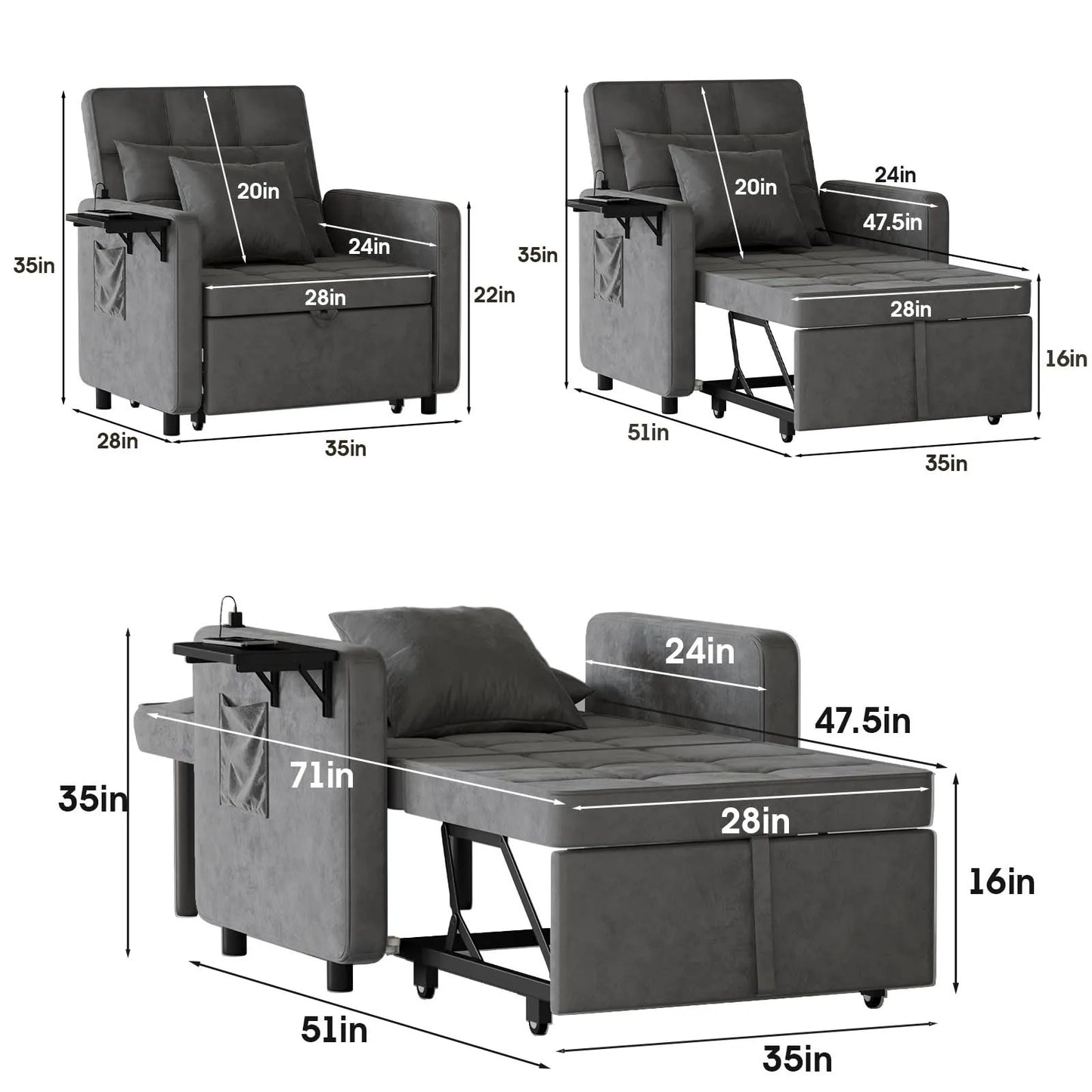 Ljustra Velvet Chaise Lounge Chair with USB Ports 3-in-1 Sofa Bed