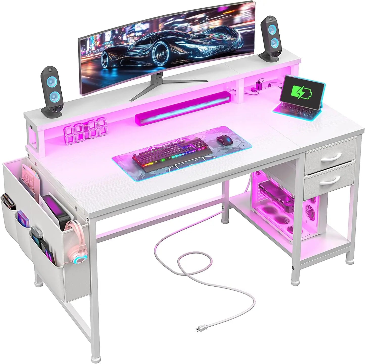 Ljustra Computer Desk with Drawers Storage Bag Power Outlets Monitor Stand