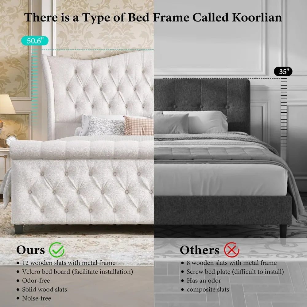 King Size Chenille Upholstered Sleigh Bed Frame with Wingback Headboard