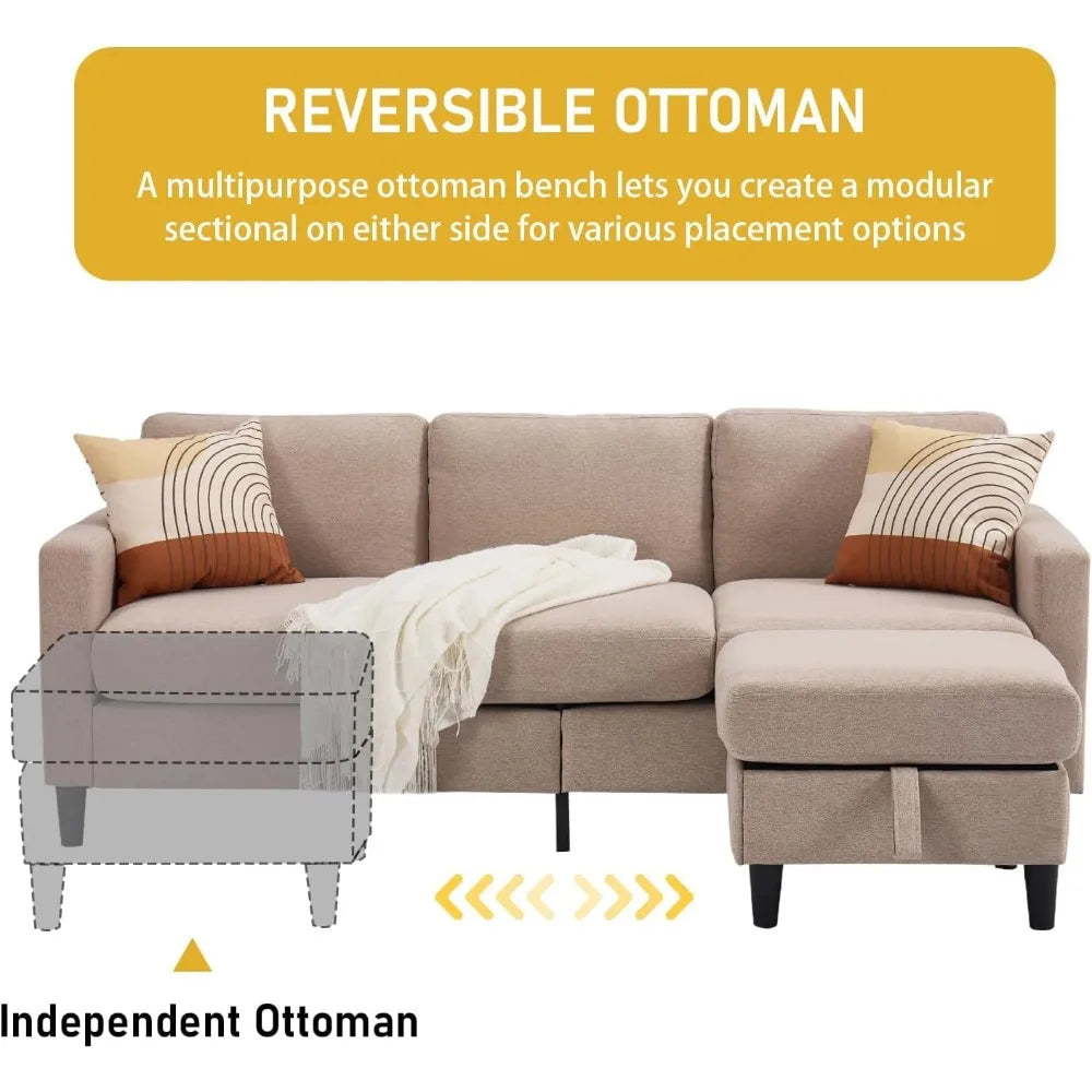3-Seater L-Shaped Sectional Sofa w/ Storage Ottoman – Beige Linen Couch for Small Spaces