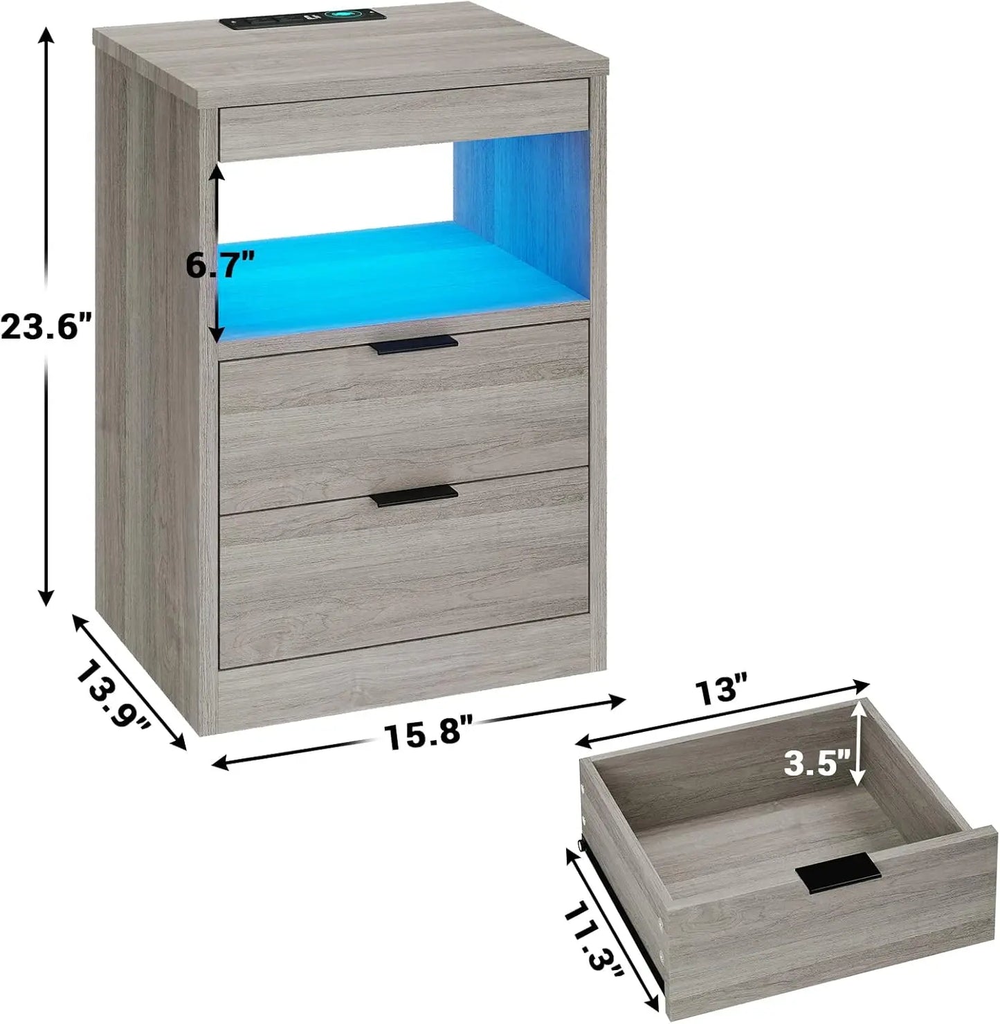 LED Nightstand Set of 2 with Wireless Charging Modern Bedside Table