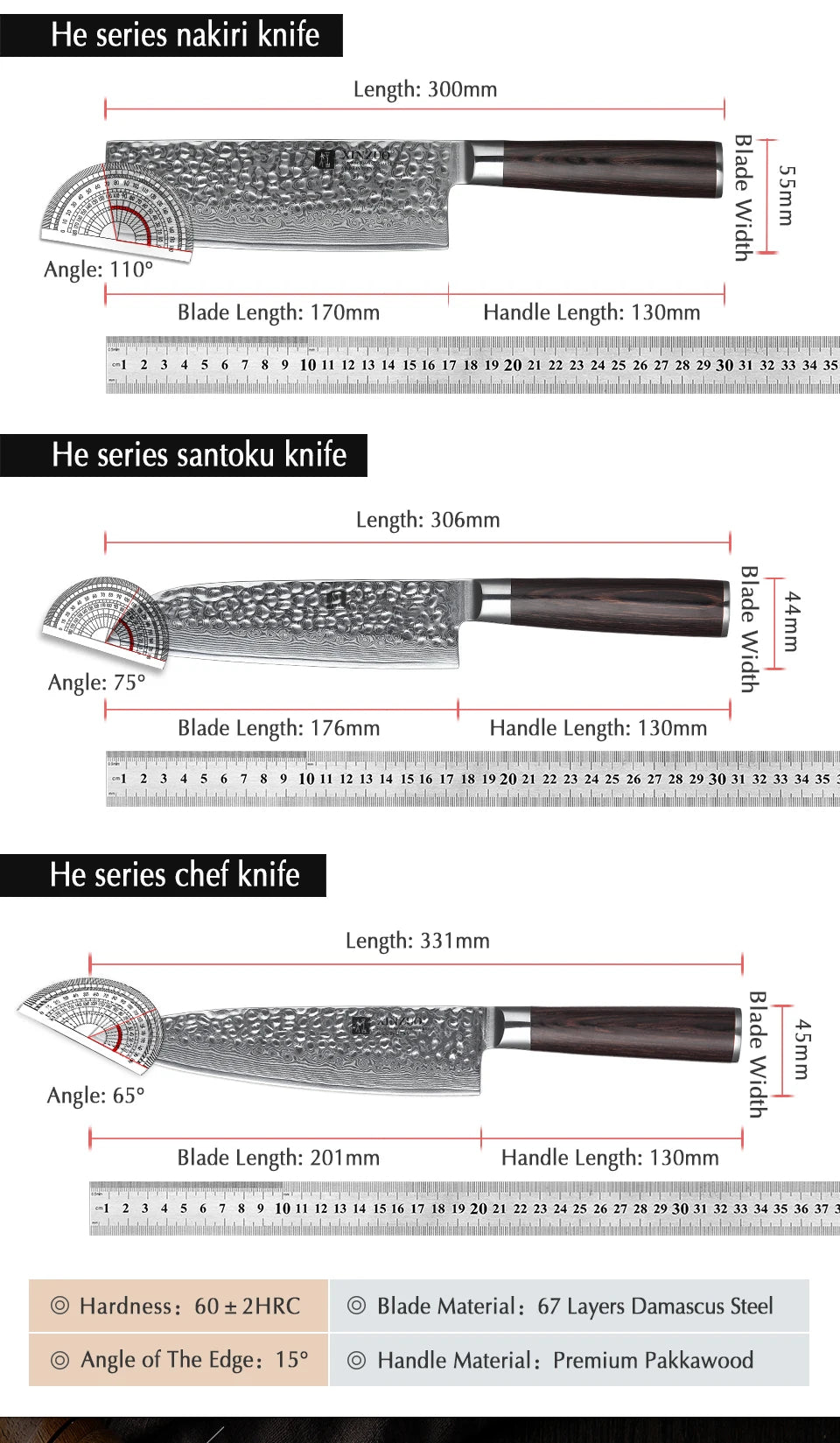 Ljustra 5PC Kitchen Knives Set VG10 Damascus Steel Pakkawood Handle