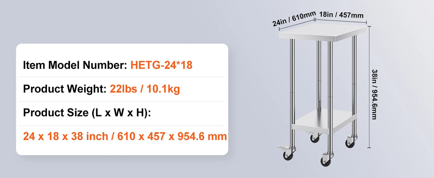 Heavy Duty Stainless Steel Work Table with Wheels Adjustable Height