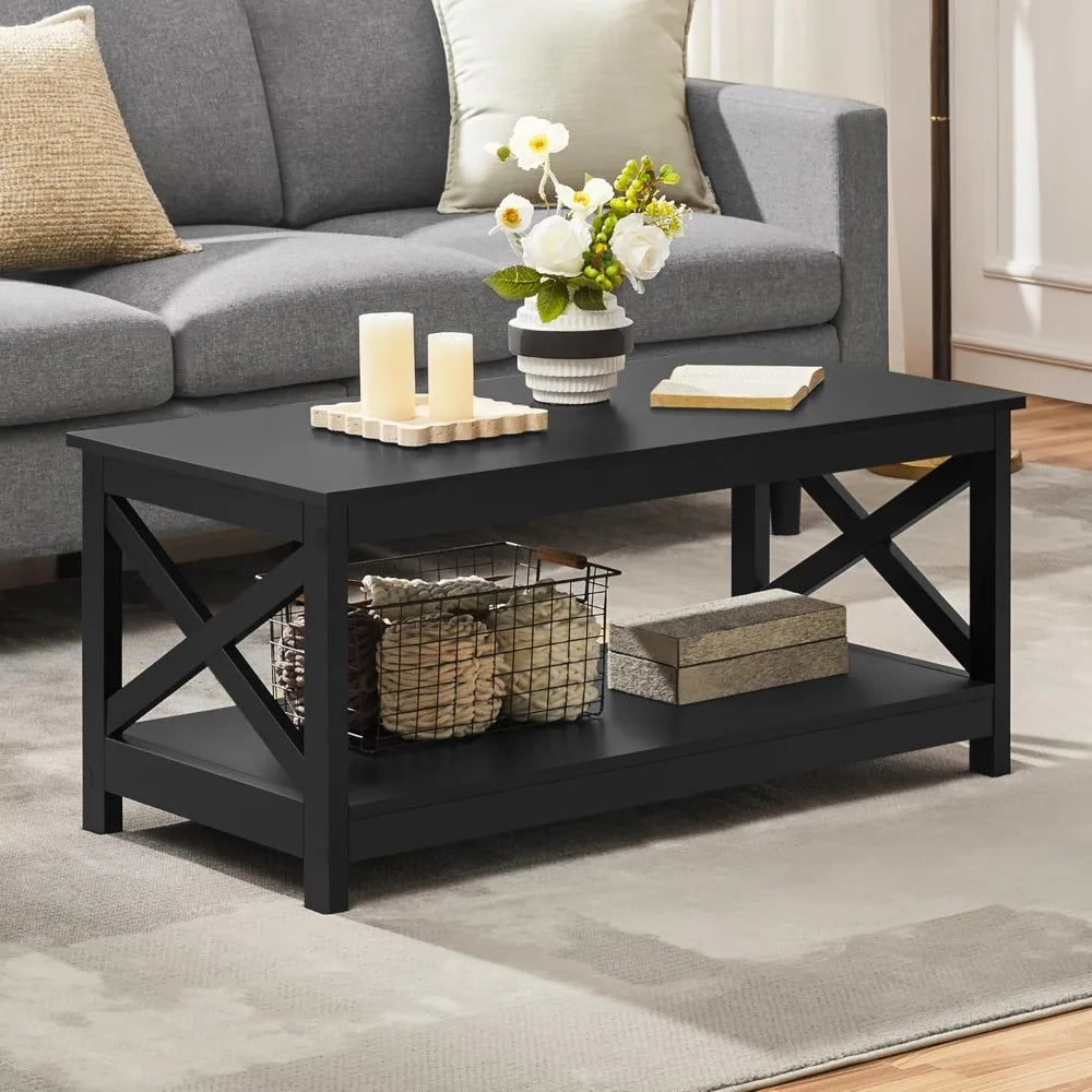 Wood 2-Tier Coffee Table with Storage Shelf Modern X Design Living Room
