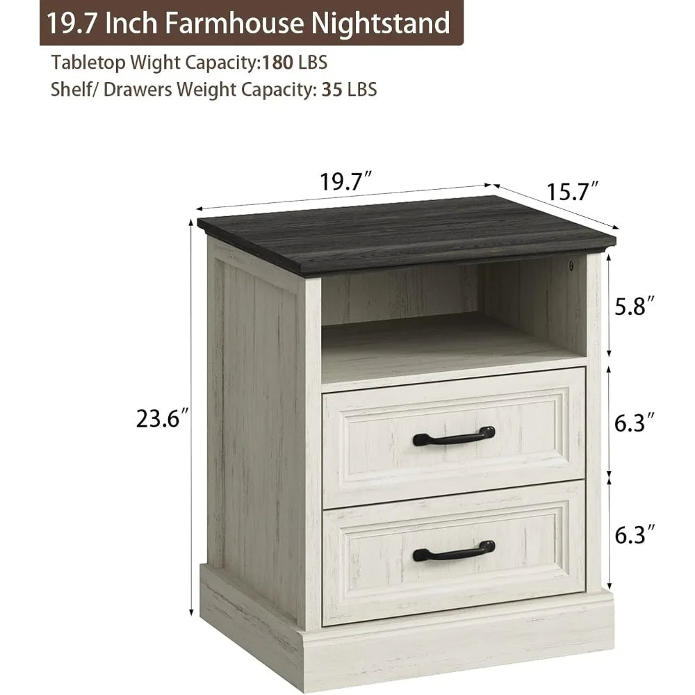 20 Inch Farmhouse Nightstand End Table with Drawers and Open Storage