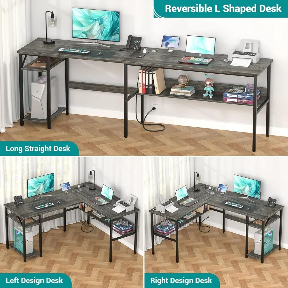 Reversible L Shaped Gaming Desk with USB Ports and Storage Shelf