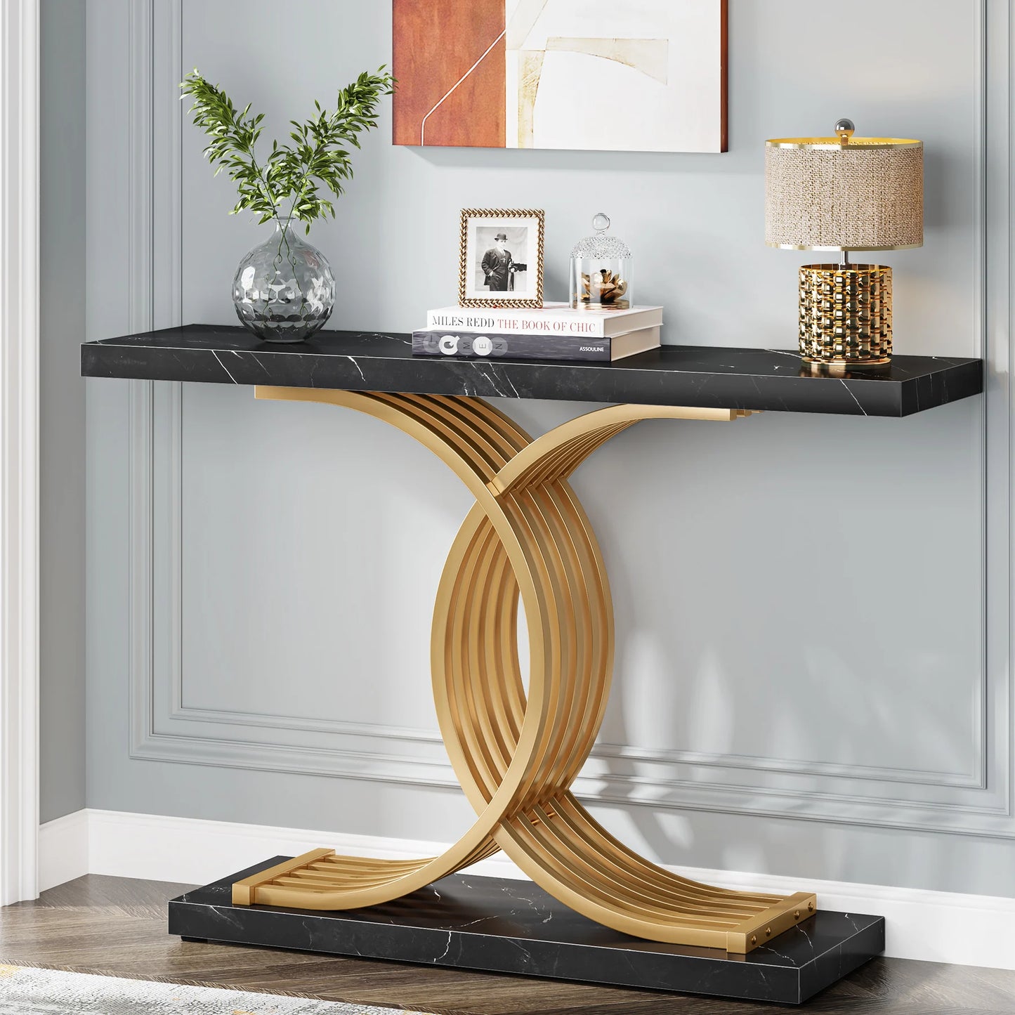 Ljustra Modern 39-Inch Console Table Faux Marble Gold Metal Legs