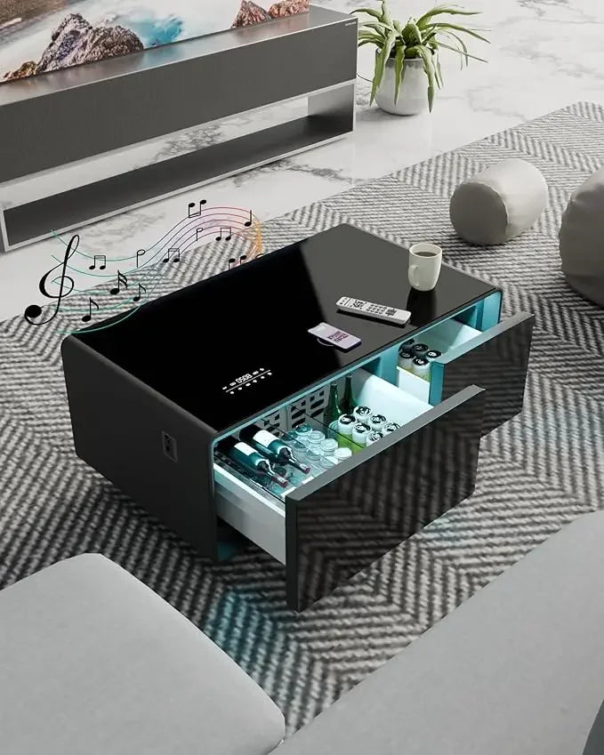 Smart Coffee Table with Built-in Fridge Speakers Wireless Charging USB Ports