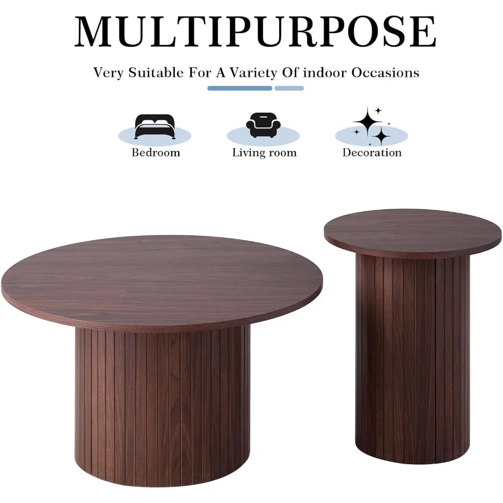 Small Round Coffee Table Set of 2 Wood Finish Nesting Tables Living Room