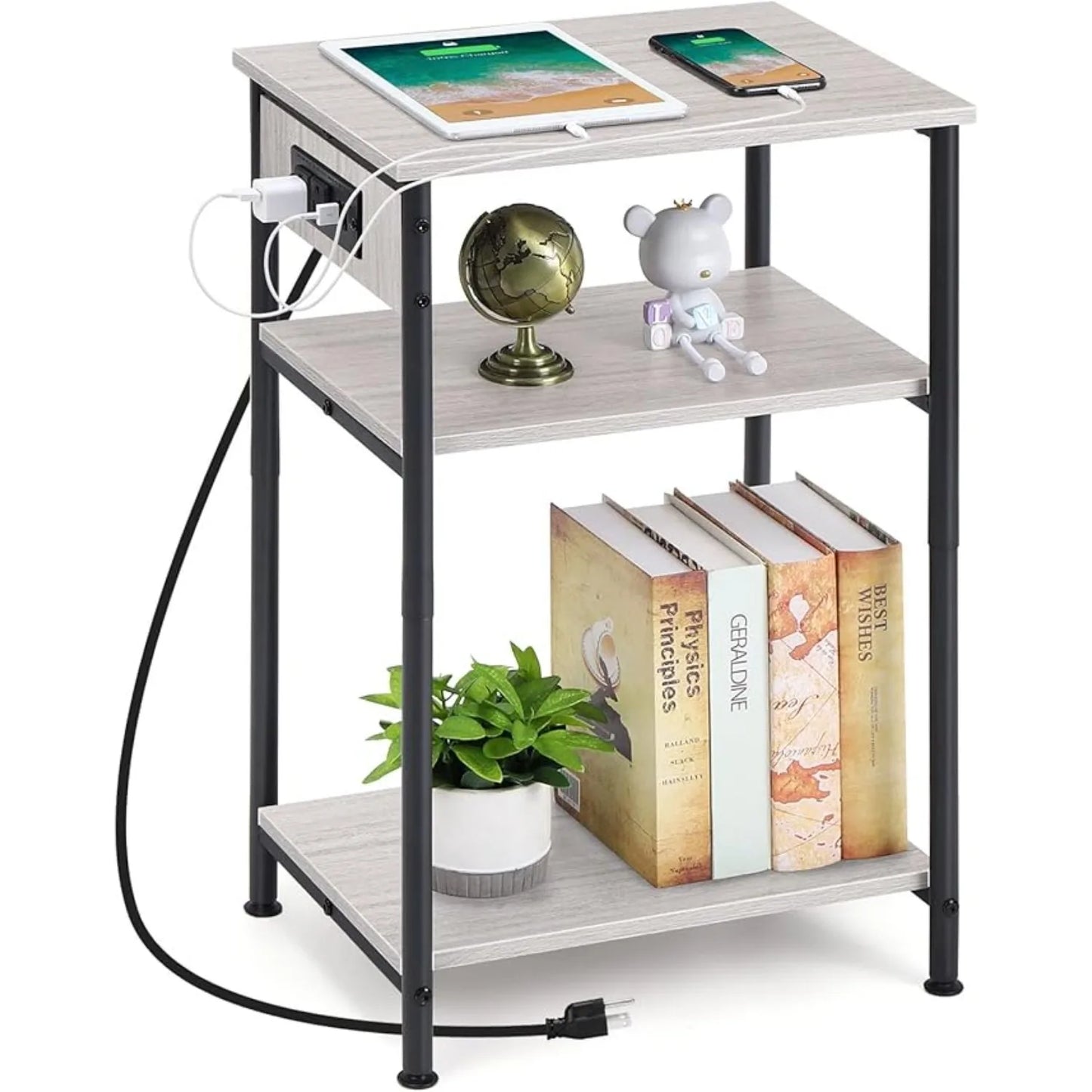 Space Saving Nightstand with USB Ports and Storage Drawer for Bedroom