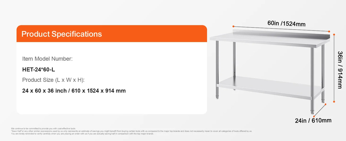 SucceBuy Stainless Steel Work Table Heavy Duty Adjustable Kitchen Table