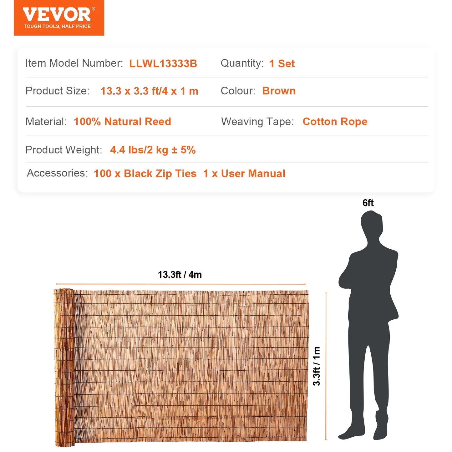 Natural Reed Fencing Roll 3.3ft x 13.3ft Outdoor Privacy Screen