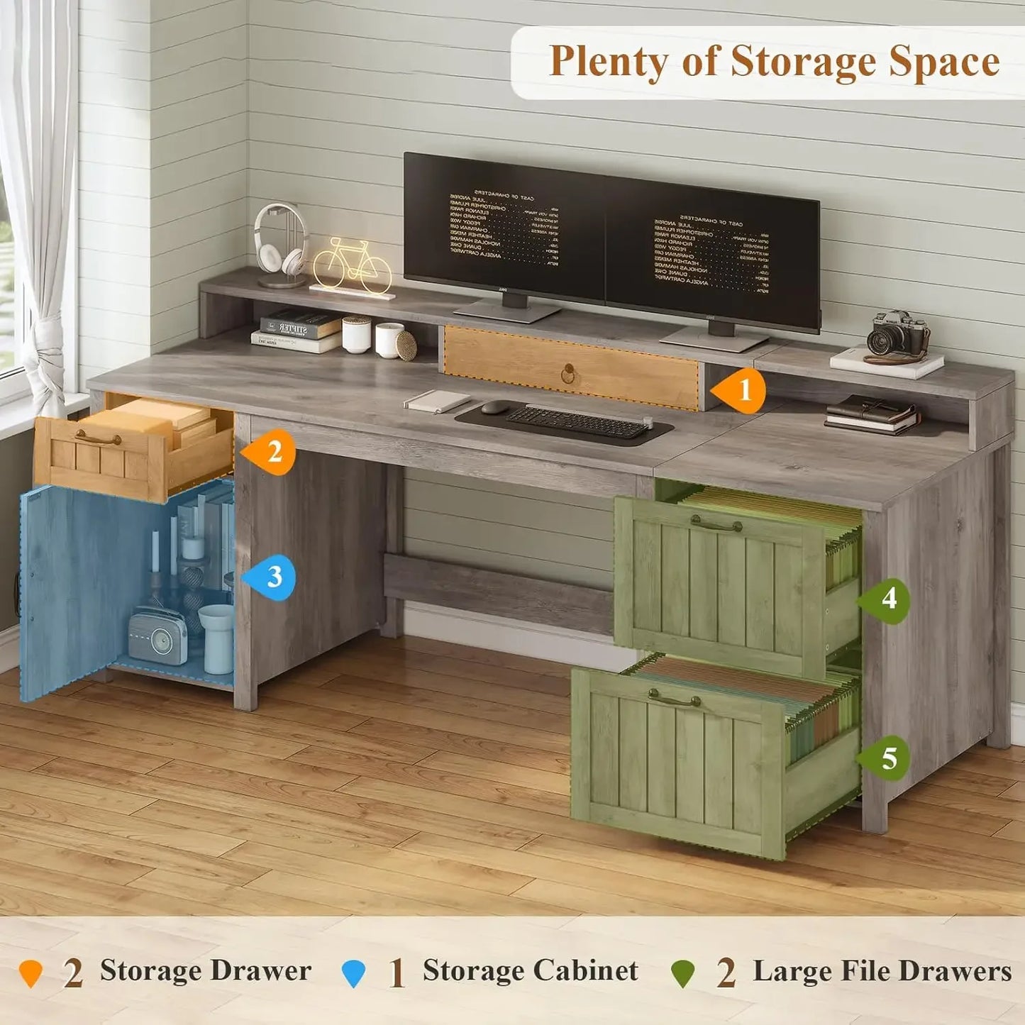 Farmhouse 63 Inch Executive Desk with Storage for Home Office Organization