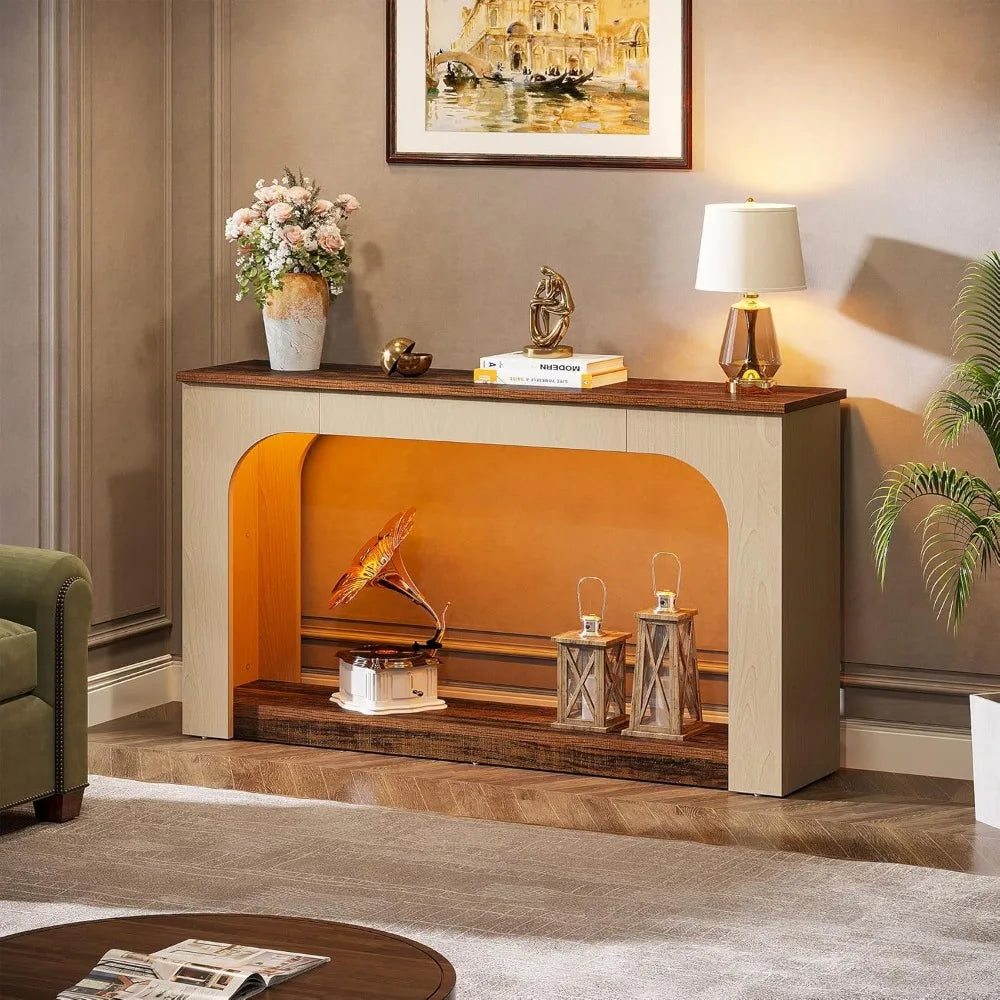 55 Inch Console Table with LED Lights Farmhouse Storage Sofa Table