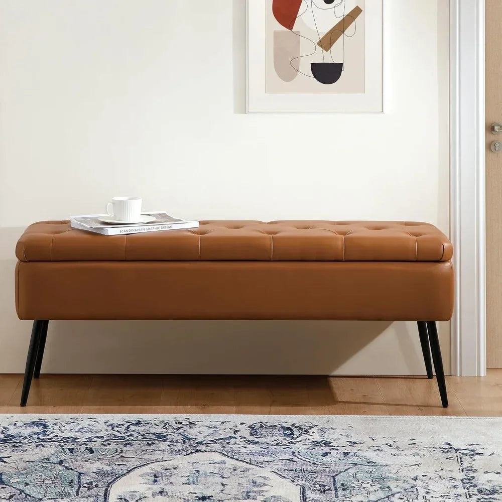 Leather Storage Ottoman Bench Mid-Century Modern Style Living Room Bedroom