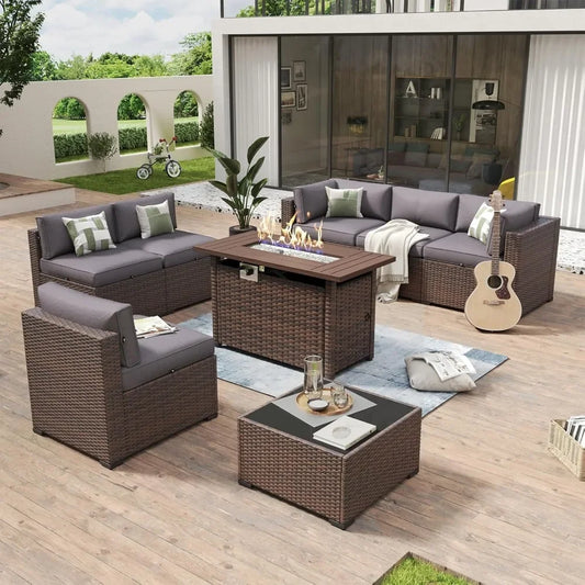 8-Piece Wicker Rattan Patio Furniture Set with Fire Pit Table and Cushions