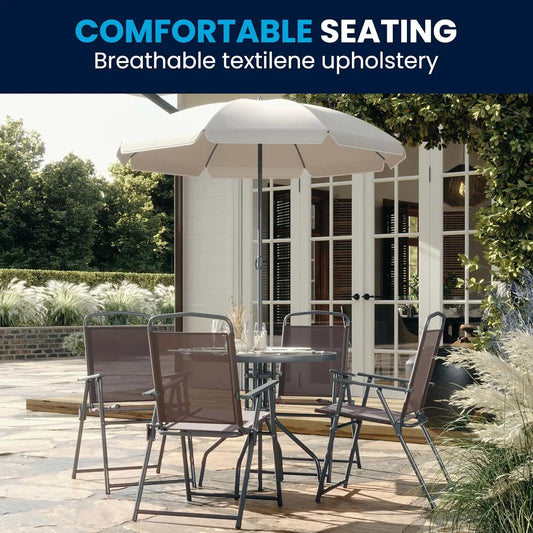 Nantucket 6 Piece Patio Dining Set with Glass Table Umbrella Chairs