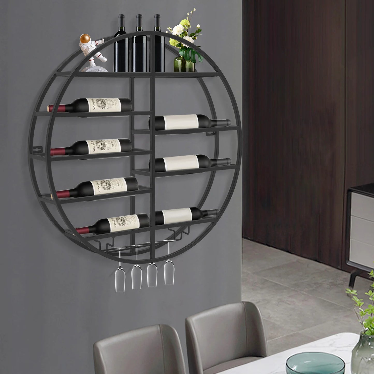 Round Wall Mounted Wine Rack Modern Floating Organizer Shelf 23.6 Inch