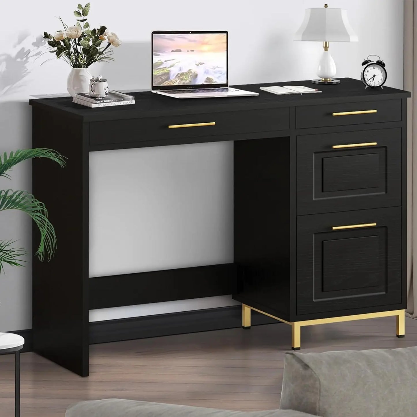 Modern Black Desk with Drawers and Golden Handles for Home Office