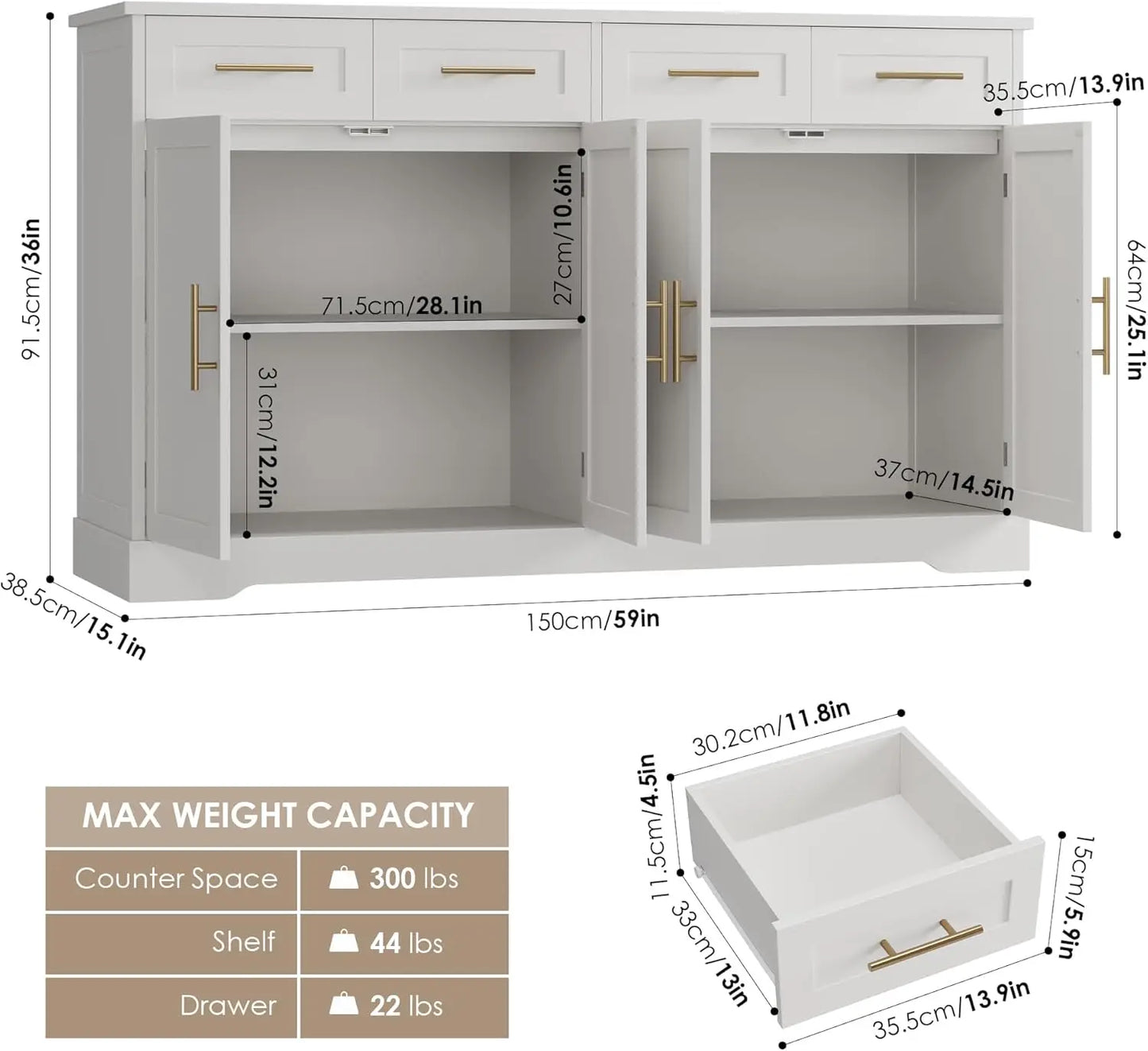 60 Inch Large Buffet Sideboard Storage Modern Kitchen Cabinet Coffee Bar