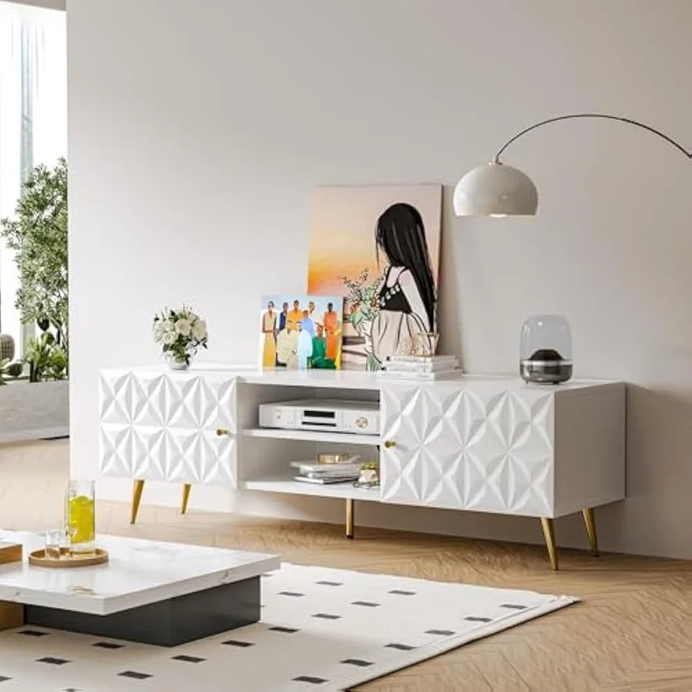 White Modern TV Stand for 65 Inch TV with Storage Cabinets Adjustable Shelves
