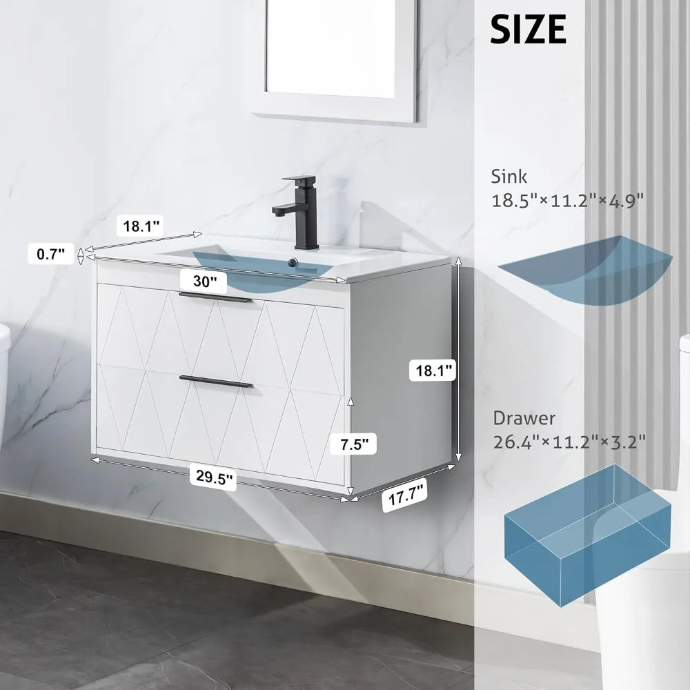 30 Inch Bathroom Vanity Cabinet Sink Combo Wall Mounted Floating Storage