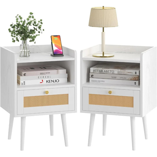 Rattan Nightstand with Charging Station Mid Century Modern Bedside Table
